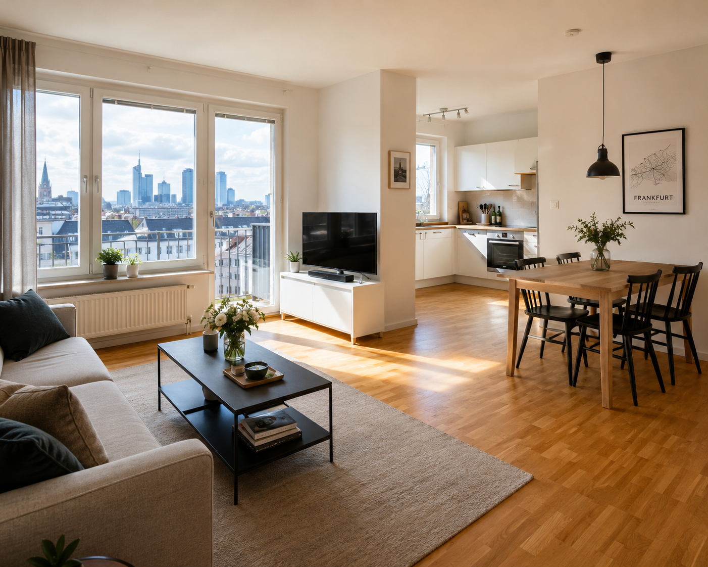 2-Zimmer-Wohnung Frankfurt — Wohnzimmer mit Skyline-Blick