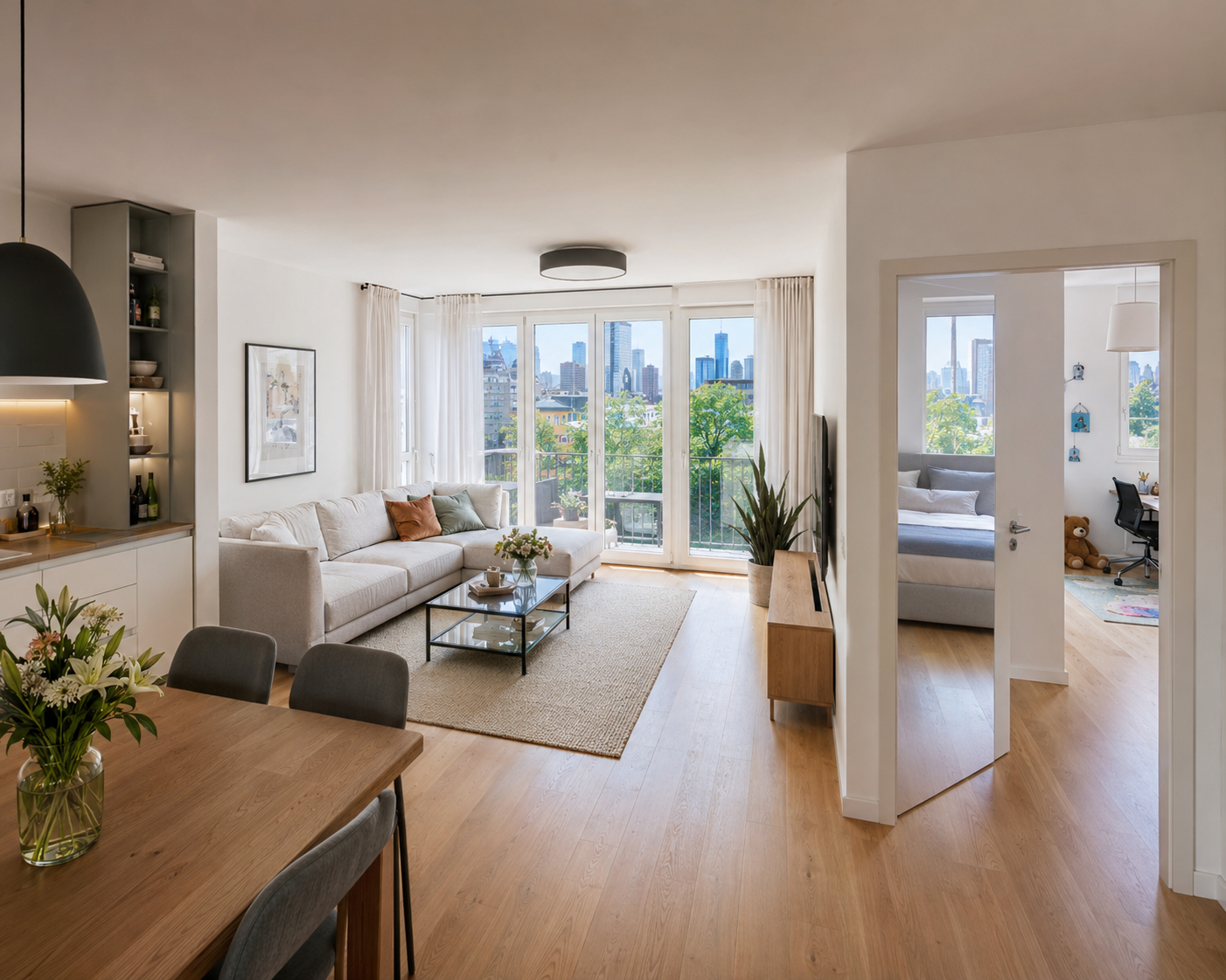 4-Zimmer-Wohnung in Frankfurt — Wohn- und Essbereich mit Skyline-Blick